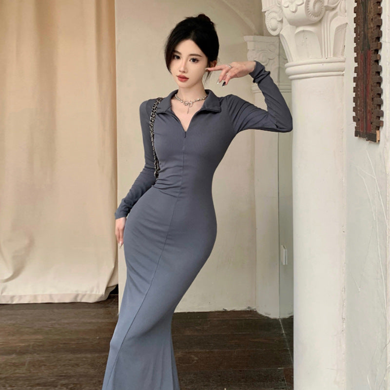 Heidi-Mode | Slim Fit Reißverschluss V-Ausschnitt Knielang Meerjungfrau Kleid