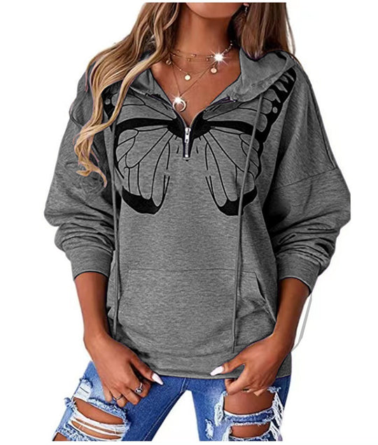 Damen lässiger Kapuzenpullover mit Schmetterlingsdruck und Halber Reißverschluss Heidi-Mode