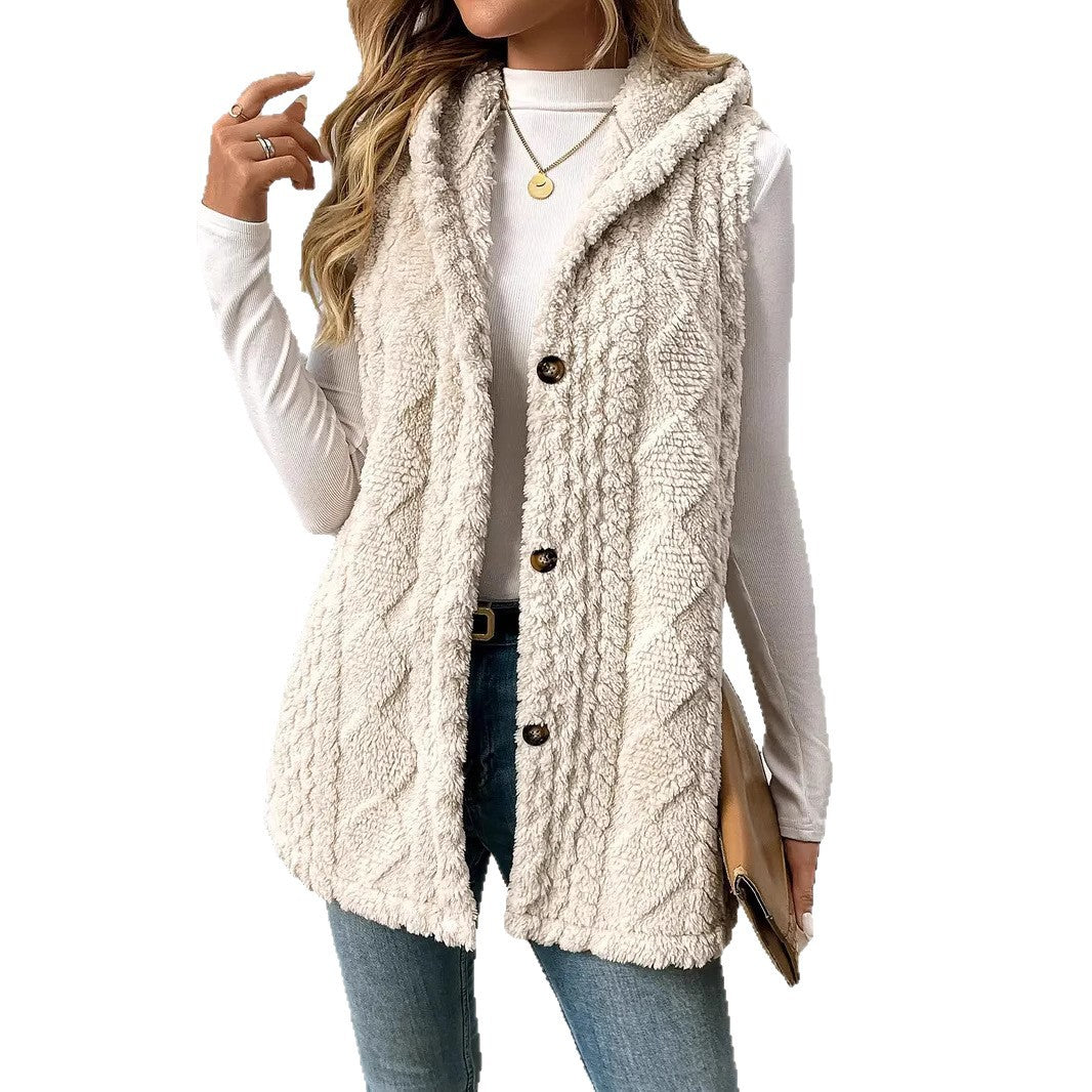 Damen Plüschweste mit Kapuze und Knopfverschluss Heidi-Mode