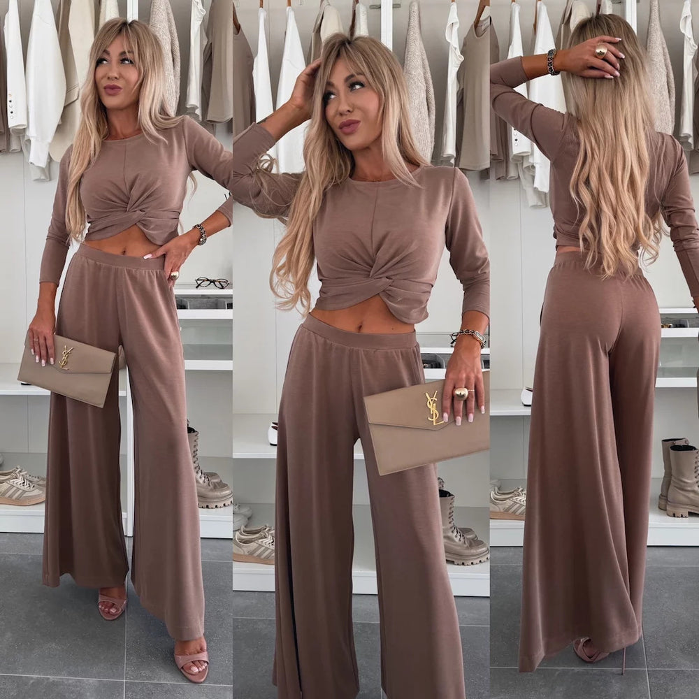 Damen Zweiteiliges Set mit elegantem Knoten-Oberteil und weitem Hose Heidi-Mode