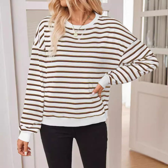 Damen lässiger Sweatshirt mit modernem Streifenmuster und Rundhalsausschnitt Heidi-Mode