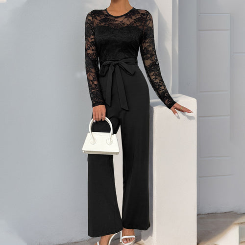 Damen Eleganter Jumpsuit mit Spitzenoberteil und tailliertem Bund Heidi-Mode