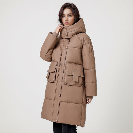 Damen gesteppter Langmantel mit wärmender Kapuze und praktischen Taschen Heidi-Mode