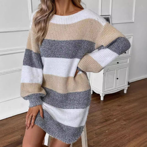 Damen gestreiftes Strickkleid mit weitem Schnitt Heidi-Mode