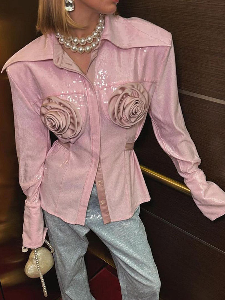 Damen Glamouröse Bluse mit 3D-Rosenapplikationen und Glitzer Heidi-Mode