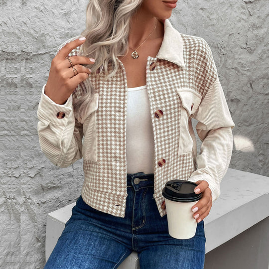 Damen Cordjacke mit modernem Hahnentritt-Design und praktischen Taschen Heidi-Mode