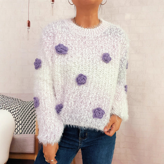 Damen gemütlicher, fluffiger Pullover mit verspielten Blumenapplikationen Heidi-Mode