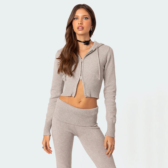 Damen Cropped Strick-Set mit hoher Taille und weitem Bein Heidi-Mode