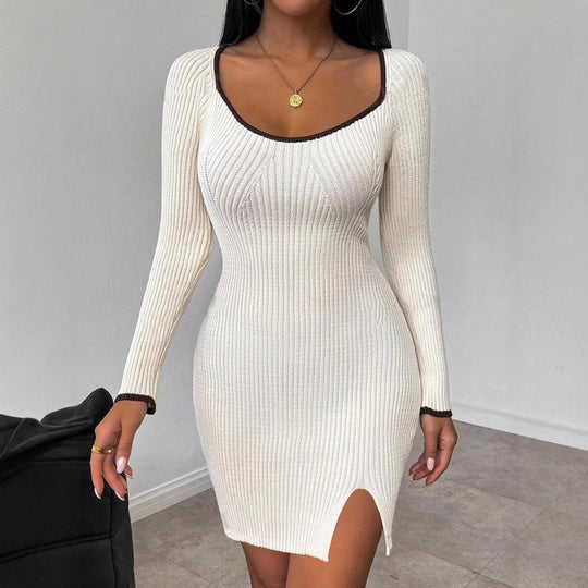 Damen figurbetontes Rippstrickkleid mit tiefem Ausschnitt und Seitenschlitz Heidi-Mode