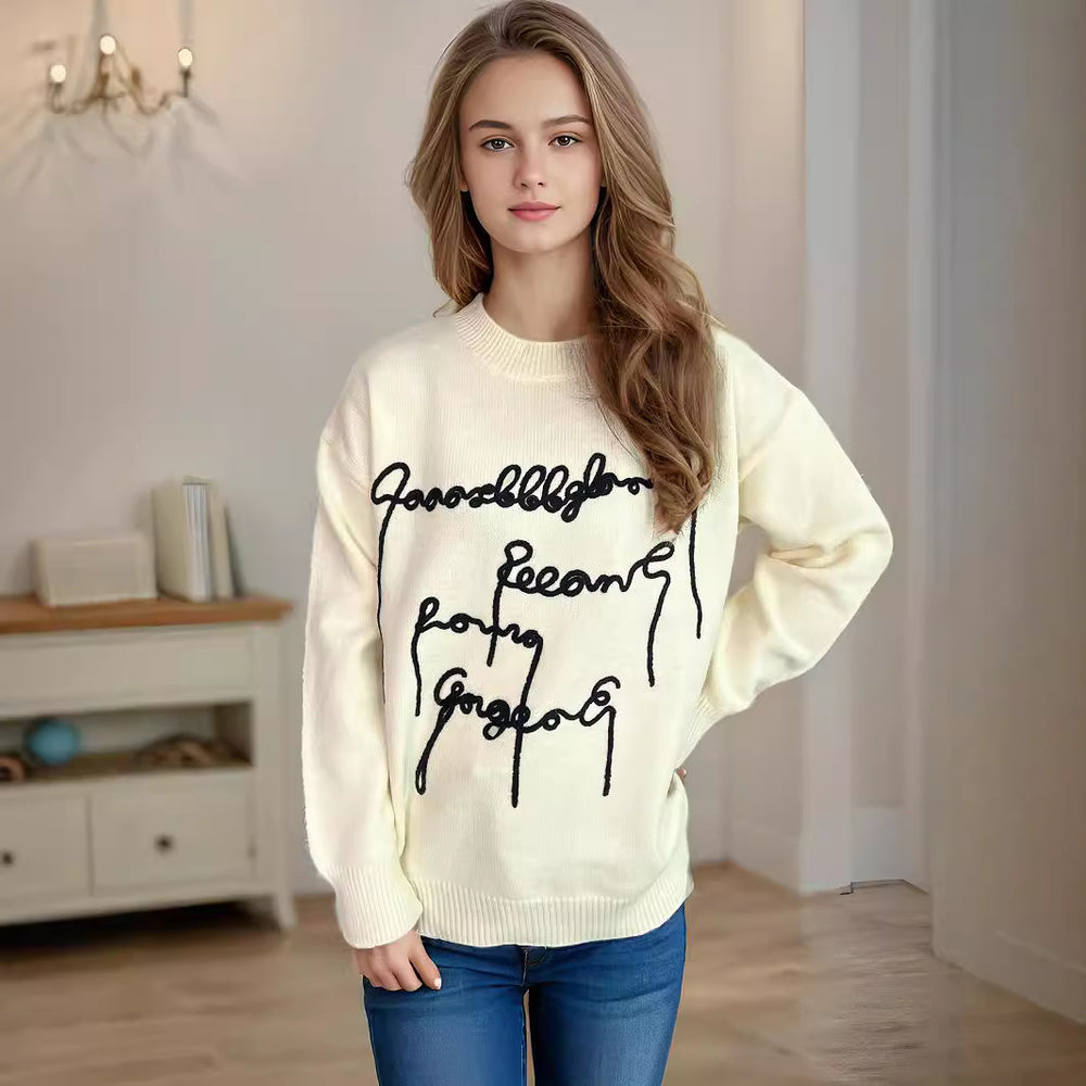 Damen lässiger Pullover mit kreativem Schriftzug Heidi-Mode