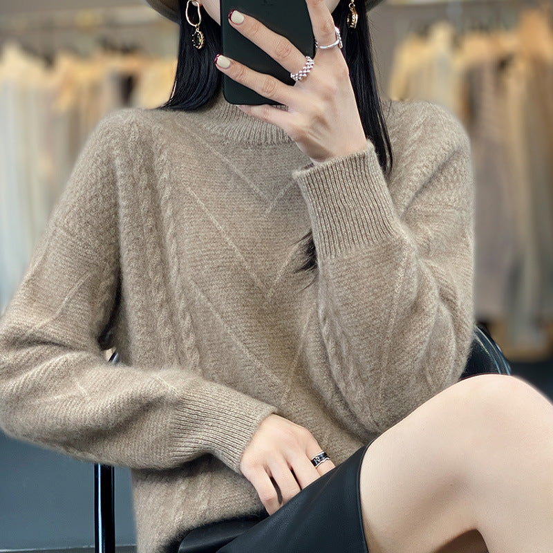 Damen Grobstrickpullover mit innovativem Zopfmuster und hohem Stehkragen Heidi-Mode