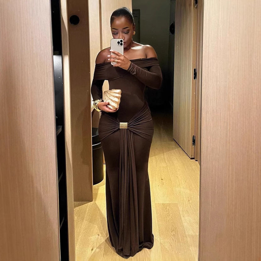 Damen Elegantes Off-Shoulder Maxikleid mit Raffungen Heidi-Mode