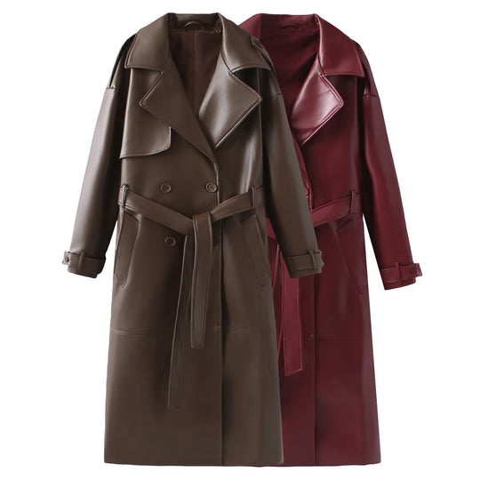 Damen Kunstleder-Trenchcoat mit elegantem Schnitt und taillierbarem Gürtel Heidi-Mode