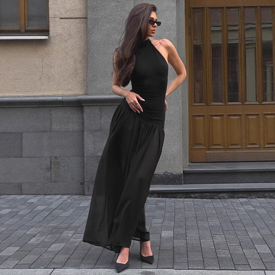 Damen Maxi-Kleid mit elegantem Stehkragen und fließendem Rock Heidi-Mode