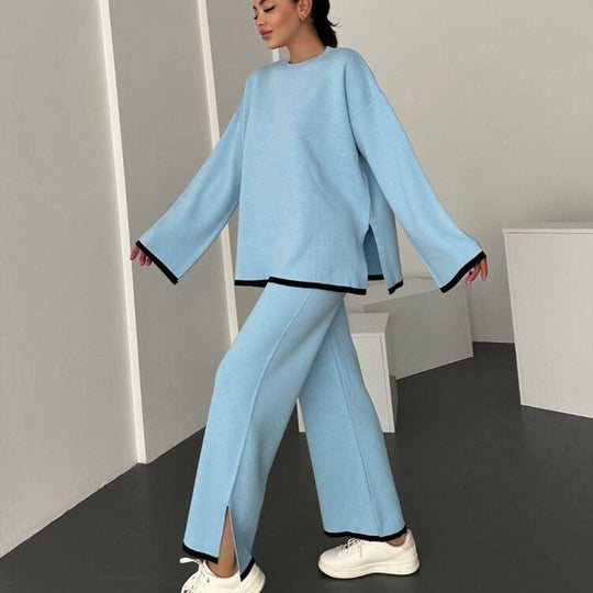 Damen lässiger Strickanzug mit weitem Schnitt und seitlichen Schlitzen Heidi-Mode