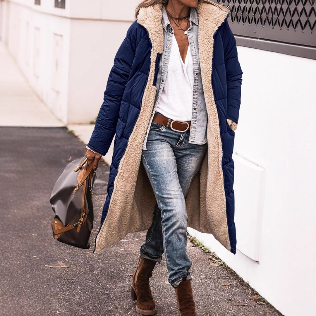 Damen lange Steppjacke mit kuscheligem Teddyfutter und großem Revers Heidi-Mode