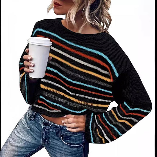 Damen lässiger Cropped Pullover mit trendigem Streifenmuster Heidi-Mode