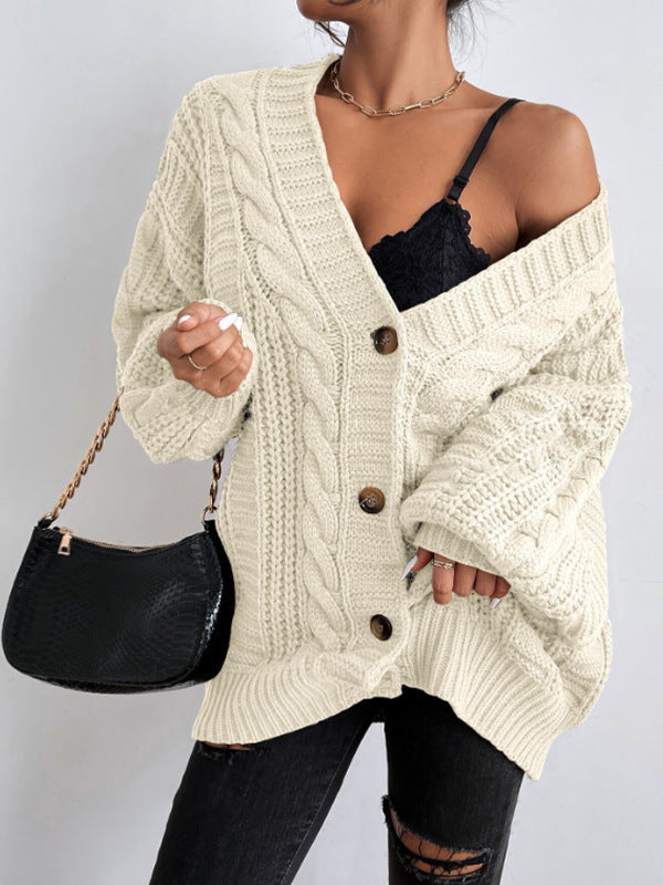 Damen Grobstrick Cardigan mit weiten Ärmeln und Knopfdetails Heidi-Mode