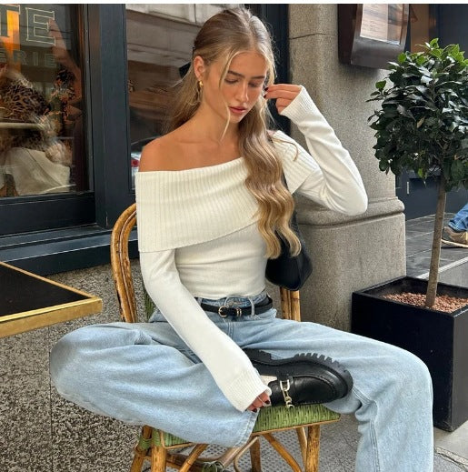 Damen Off-Shoulder Oberteil mit rippierter Struktur und figurbetonter Passform Heidi-Mode
