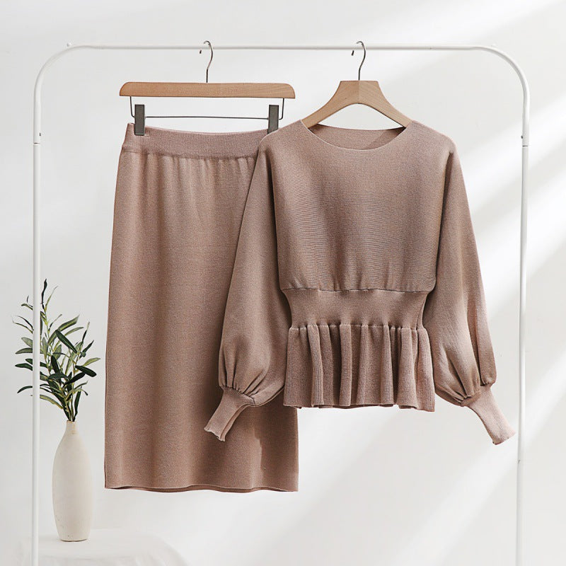 Damen elegantes Strickensemble mit Raffung und Ballonärmeln Heidi-Mode