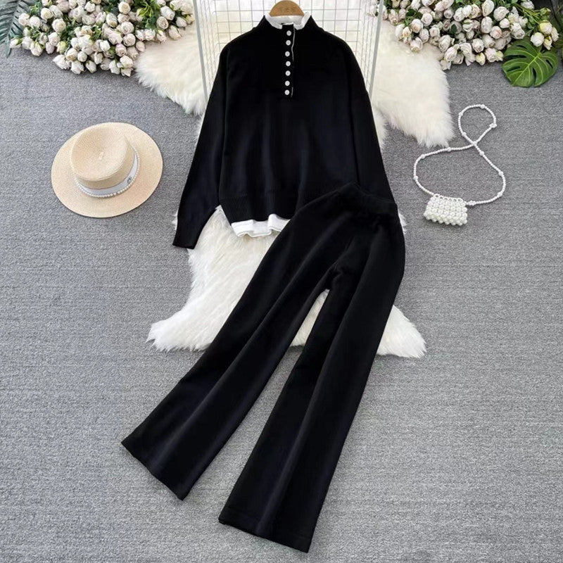 Damen Loungewear-Set mit hoher Rippstruktur und Knopfdetaillierung Heidi-Mode