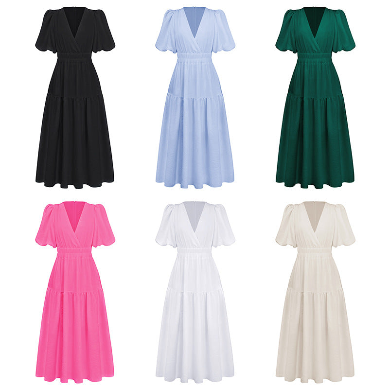 Damen Maxikleid mit voluminösen Puffärmeln und tiefer V-Ausschnittgestaltung Heidi-Mode
