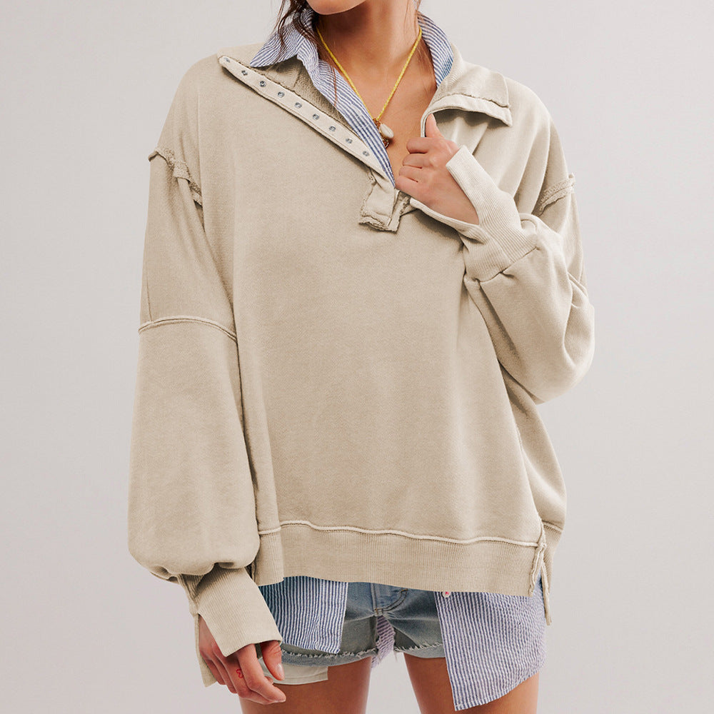 Damen Oversize Pullover mit Kragen und Druckknöpfen Heidi-Mode