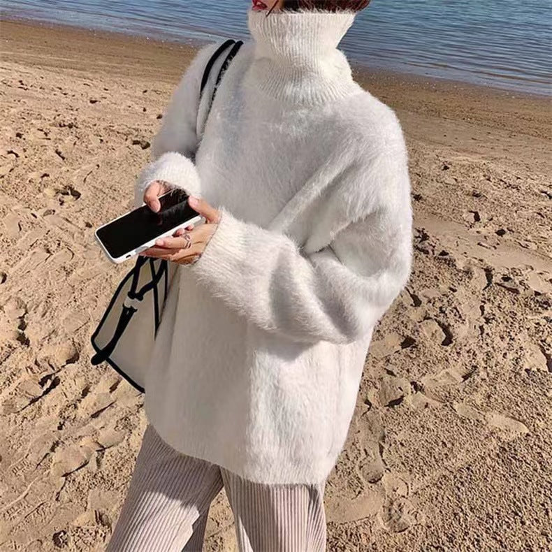Damen Flauschiger Pullover mit Lockere Passform und Hohem Kragen Heidi-Mode