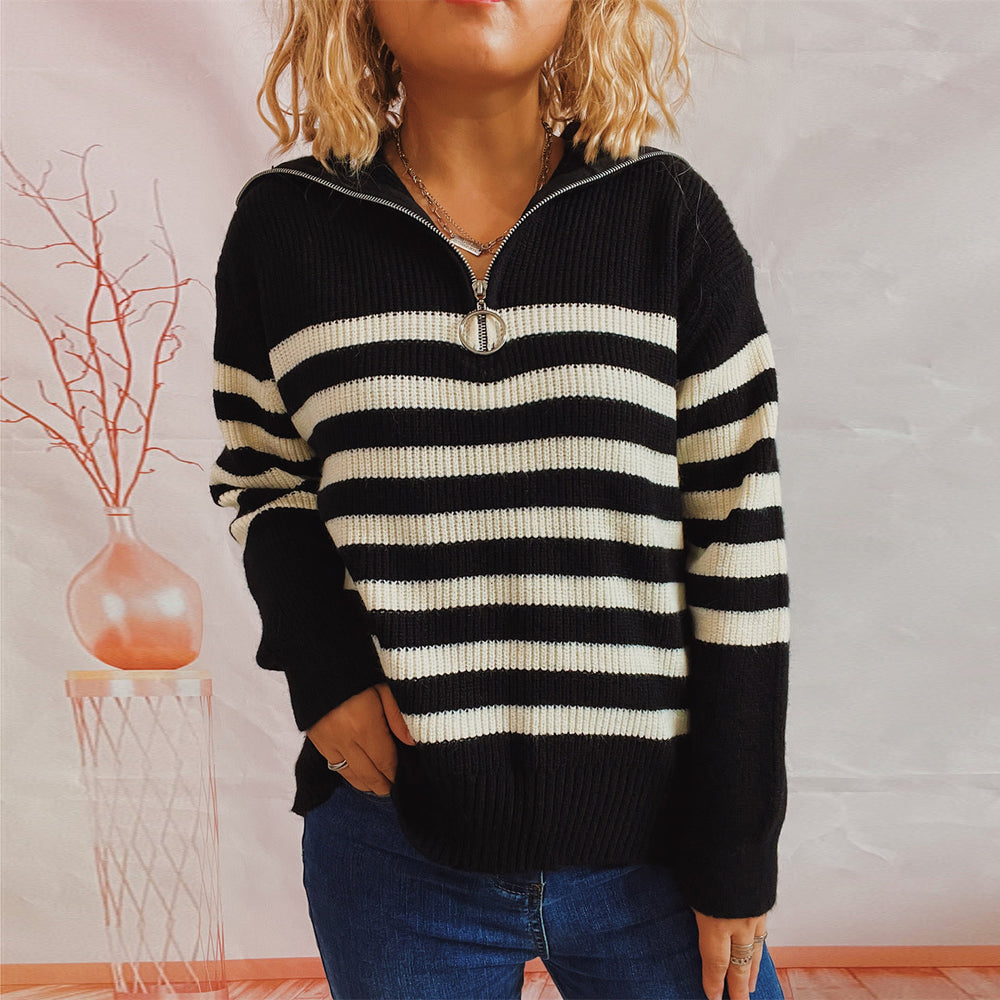 Damen gestreifter Pullover mit modernem Stehkragen und kurzer Reißverschluss Heidi-Mode