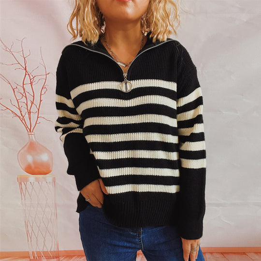 Damen gestreifter Pullover mit modernem Stehkragen und kurzer Reißverschluss Heidi-Mode