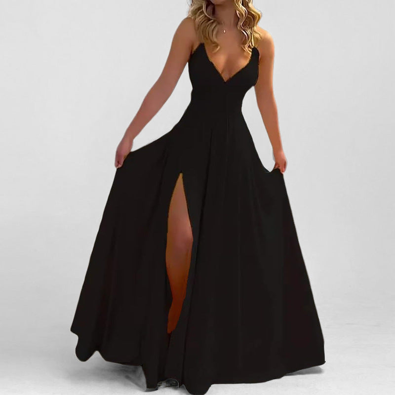 Damen Maxikleid mit tiefem V-Ausschnitt und seitlichem Schlitz Heidi-Mode