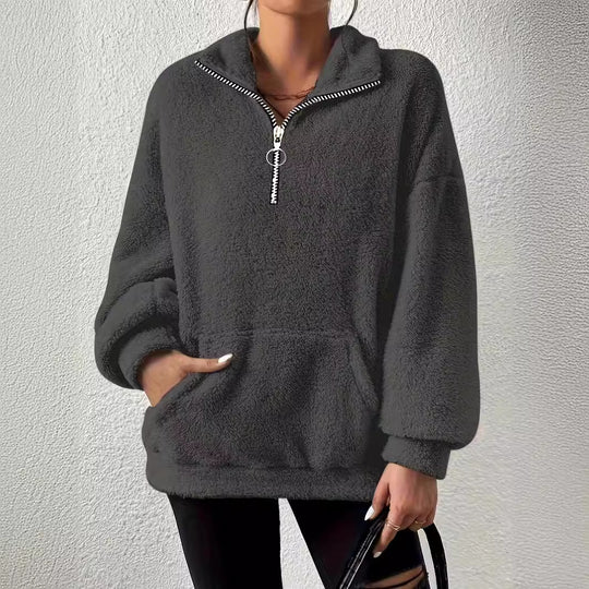 Damen kuscheliger Fleece-Pullover mit halbem Reißverschluss und Seitentaschen Heidi-Mode