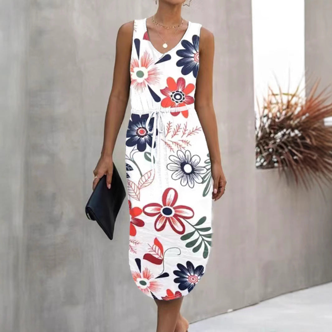 Damen Blumendruck Midi Kleid mit verstellbarem Bund Heidi-Mode