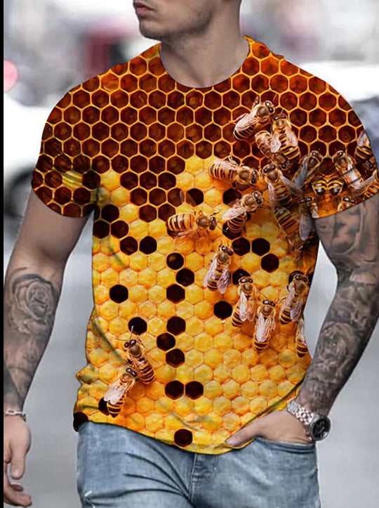 Herren T-Shirt mit künstlerischem Bienenwabenmotiv und 3D-Druck Heidi-Mode