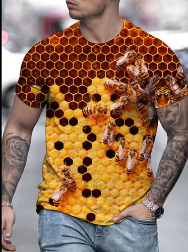 Herren T-Shirt mit künstlerischem Bienenwabenmotiv und 3D-Druck Heidi-Mode
