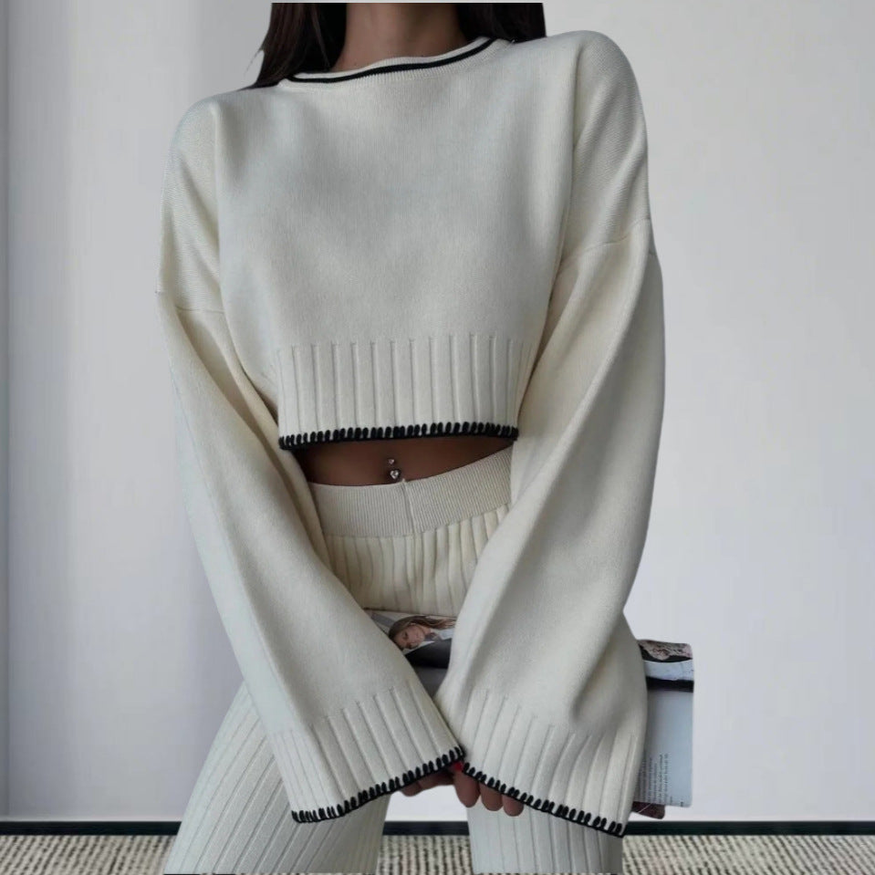 Damen elegantes Strickanzug mit weitem Bein und romantischen Ärmeln Heidi-Mode
