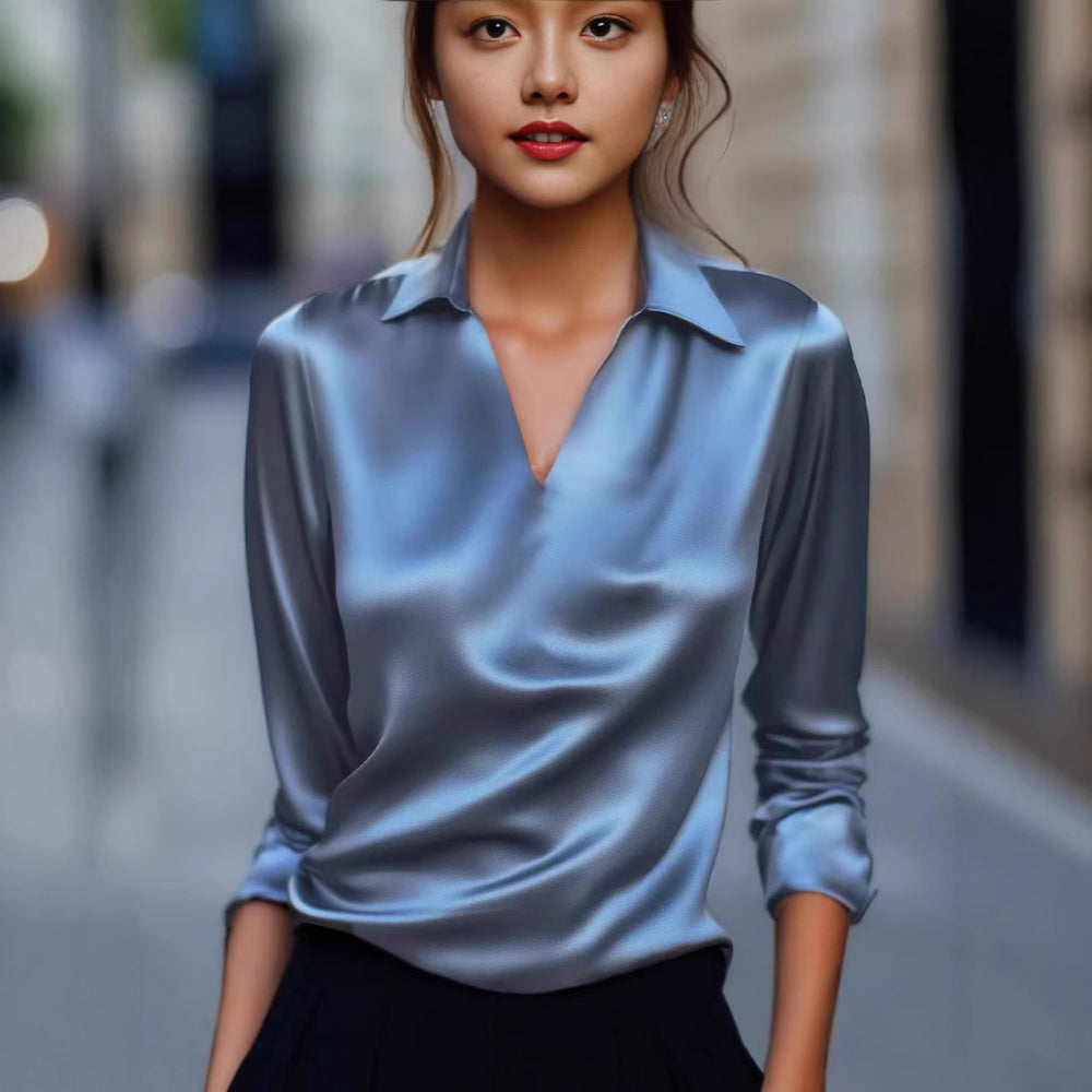Damen Edles Satin-Oberteil mit V-Ausschnitt und klassischem Kragen Heidi-Mode