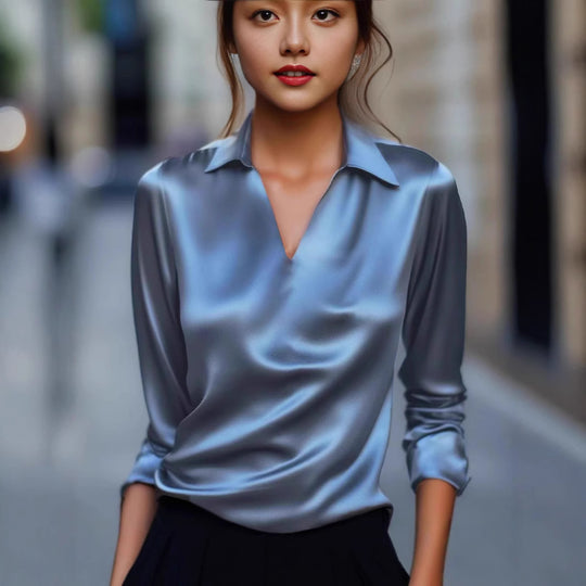 Damen Edles Satin-Oberteil mit V-Ausschnitt und klassischem Kragen Heidi-Mode