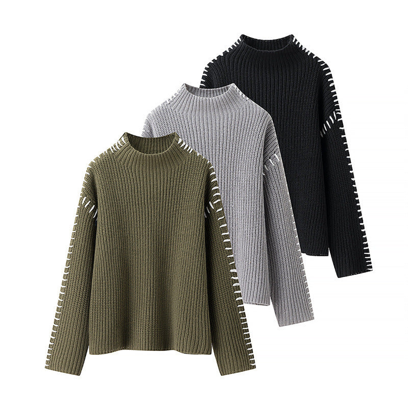 Damen modischer Strickpullover mit hohen Kragen und eleganten Seitendetails Heidi-Mode