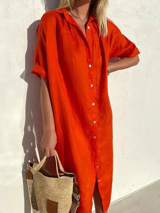 elegantes, lässiges kleid für damen mit weiten Ärmeln und knöpfen kleid aus baumwolle und leinen