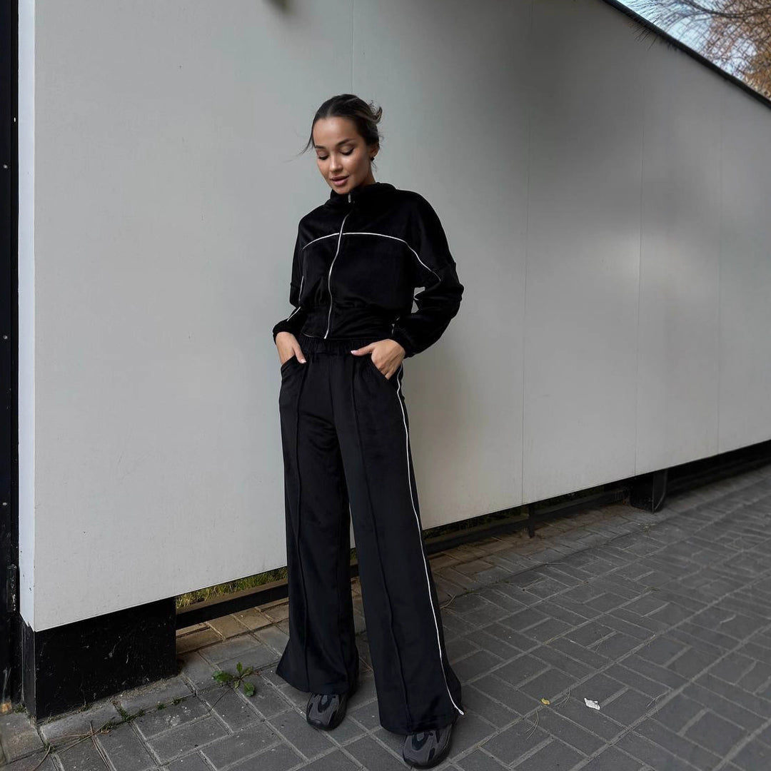 Damen sportliches Cropped Fleece-Set mit hohem Kragen und Reißverschluss Heidi-Mode