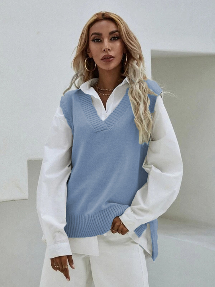 Damen Strickweste mit V-Ausschnitt und feinen Rippstrukturen Heidi-Mode