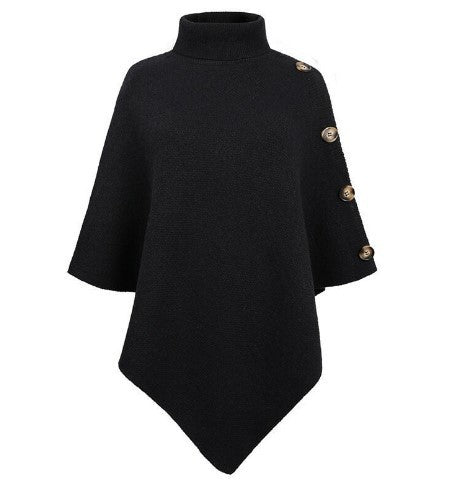 Damen Strick-Poncho mit steigendem Kragen und dekorativen Knopfdetails Heidi-Mode