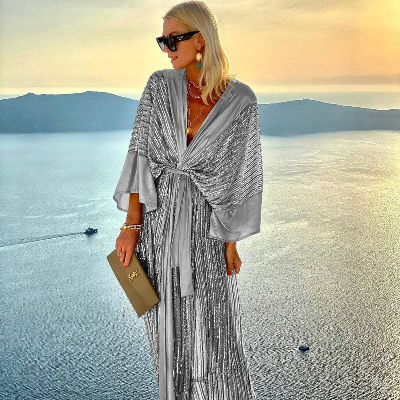 Damen Kaftan Kleid mit glitzernden Falten und schwingendem Saum Heidi-Mode