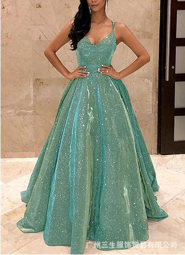 Heidi-Mode | Damen Spaghettiträger V-Ausschnitt A-Linie Glitzer Maxikleid