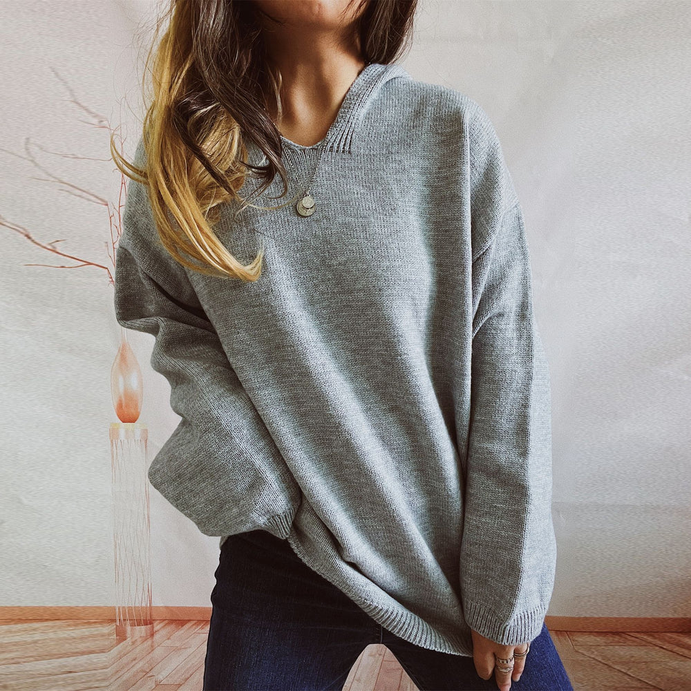 Damen lässiger Strickpullover mit Kapuze und weiten Ärmeln Heidi-Mode