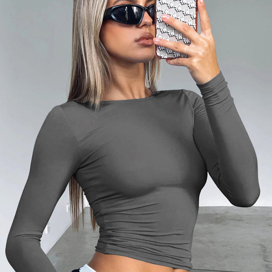Damen modisches Langarm-Crop-Top mit Raffung Heidi-Mode