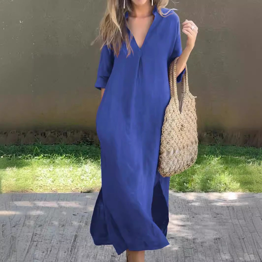 Damen Maxi-Kleid mit V-Ausschnitt und lässigem Schnitt Heidi-Mode