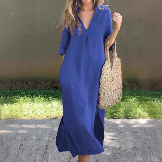 Damen Maxi-Kleid mit V-Ausschnitt und lässigem Schnitt Heidi-Mode