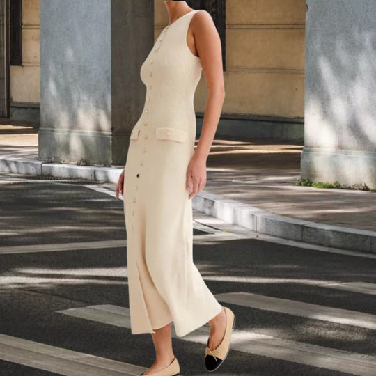 Damen Strickmaxikleid mit Knopfleiste und seitlichen Schlitzen Heidi-Mode